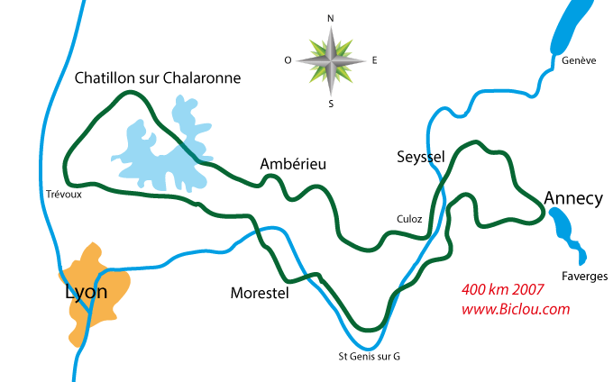 parcours des 400 kilom&egrave;tres &agrave; v&eacute;lo de la BRM de seynod Annecy 2007