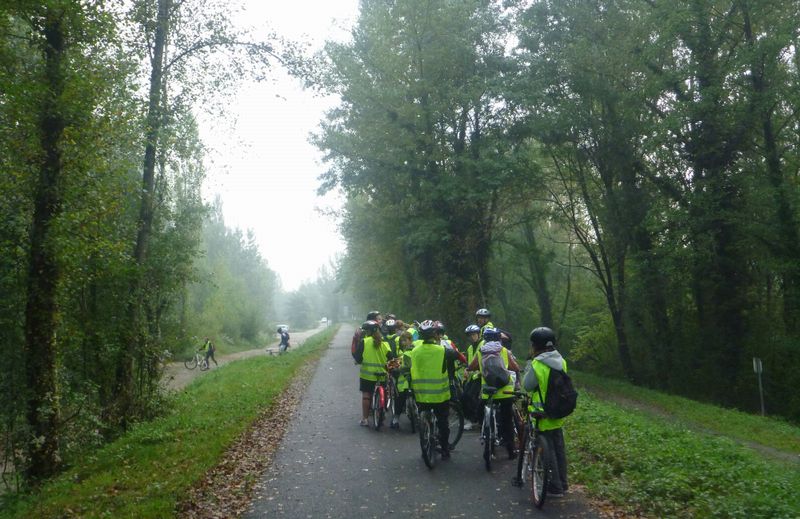 Groupe d'&eacute;coliers cyclistes sur la voie verte du bois francais &agrave; la sortie de Grenoble en 2010