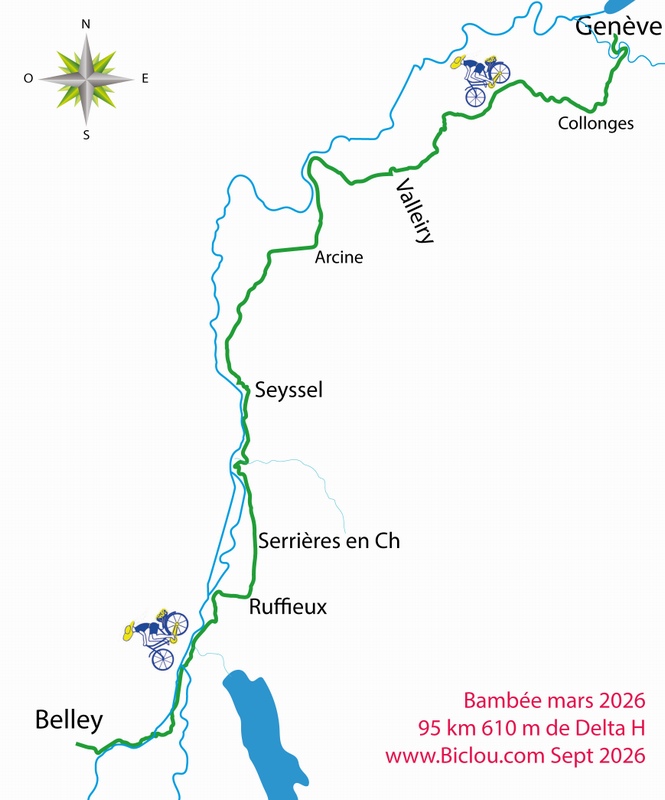Carte étape Une : Genève Belley, à Bicyclette bien sur ..