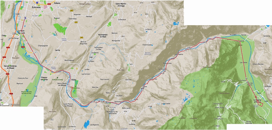 Carte cycliste de Grenoble à Bourg d'Oisans
