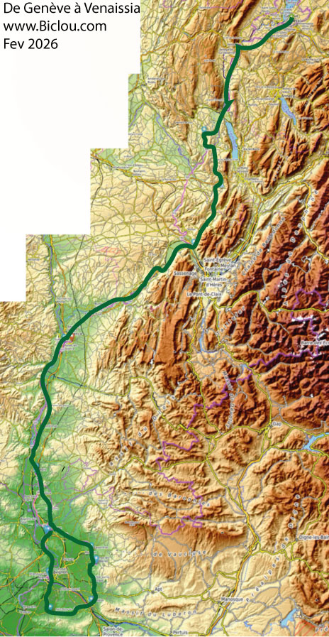 Carte d'un parcours cycliste février 2026 Genève Cavaillon Vers Via Venaissia