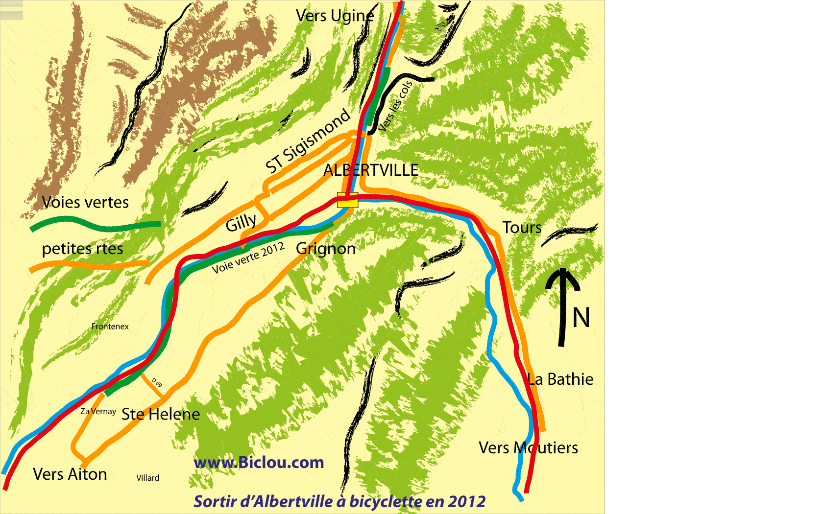 Carte de la travers&eacute;e d'ALBERTVILLE &agrave; v&eacute;lo et bicyclettes