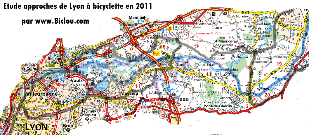 carte approches EST de lyon &agrave; bicyclette